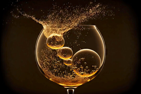 Champagne Bubbles Spreading Over Surface Of Glass On Golden Black Background