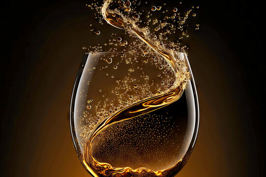 Champagne Bubbles Spreading Over Surface Of Glass On Golden Black Background