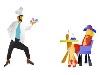 chef makes a prize from chef. a young woman in the street cafe	