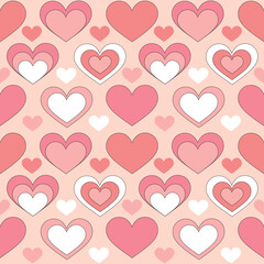 Seamless pattern with retro pink colors hearts. Summer simple minimalist heart. 70 s style love. Colorful background. Vector illustration.