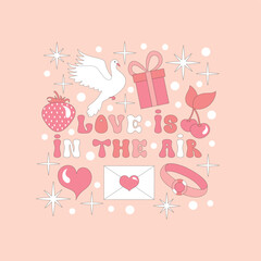 Retro 70s style Love is in the air text, groovy hippie backgrounds. Valentine's Day funky print with lips and glasses. Colorful background. Vector hippie illustration.