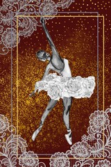 Hand drawn watercolor card template dancing ballerina with flower and lace. Pink pretty ballerina. Watercolor hand drawn illustration. Pictures for poster, invitation, postcard, background and posters