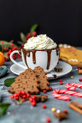 christmas hot chocolate with whipped cream and biscuits