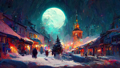Obraz premium christmas tree in the fantasy city digital illustration artwork.