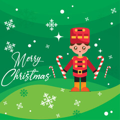 Green merry christmas card Happy wooden nutcracker cartoon Vector