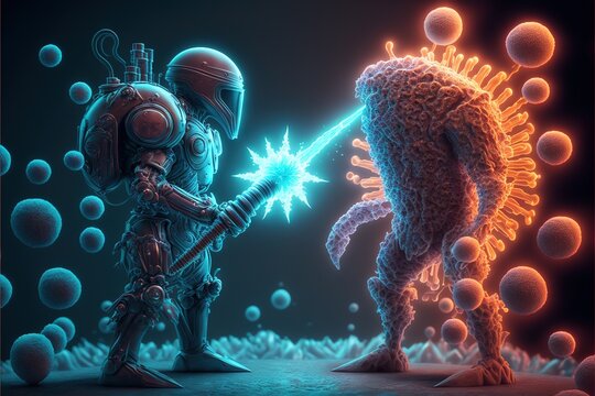 Fight Of Good Macrsocopic Cell Fighter Versus Evil Cancer Or Virus Cell Monster