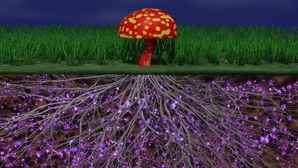 Mycelium network, fungal root system underground. Mushrooms above ground, root system below.
Common mycorrhizal network transfer of information, nutrients and signals in earth. 3d render illustration