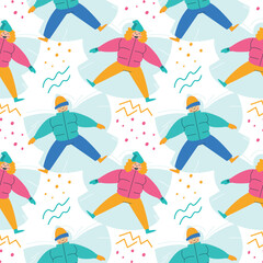 Seamless pattern with snow angels and footprints in the snow. Abstract background with dots, zigzags and wavy lines in a flat style. A girl with a guy lies on the snow, arms and legs outstretched.