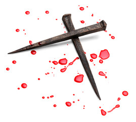 Christian cross made with rusty nails, drops of blood. Jesus Christ Crucifixion.