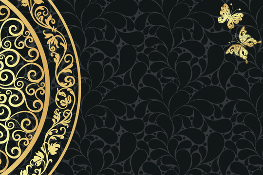 Black paisley vintage vector background with golden mandala and butterflies and place for your text
