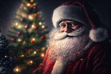 Christmas Santa Claus portrait on blurred background. Kind Santa with beard and red hat. Winter illustration. Generative AI