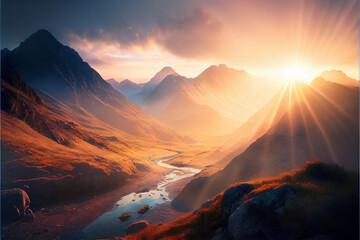 Foggy Mountain Sunrise Landscape - AI Art