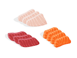 Japanese tuna, salmon and hirame sashimi. Raw sliced fish. Traditional Asian food. Vector illustration in trendy flat style isolated on white background.	
