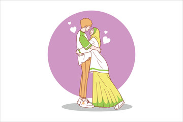 Couple lovers tenderness and romantic feelings hug kiss help each other feeling of love valentine's day cartoon vector illustration