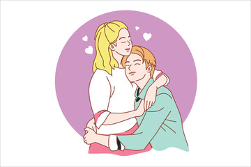 Couple lovers tenderness and romantic feelings hug kiss help each other feeling of love valentine's day cartoon vector illustration