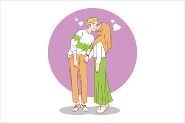 Couple lovers tenderness and romantic feelings hug kiss help each other feeling of love valentine's day cartoon vector illustration