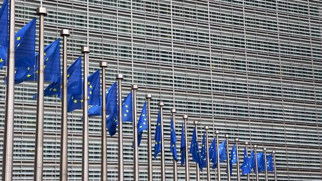 European Flags in front of the European Commission Headquarters building in Brussels, Belgium