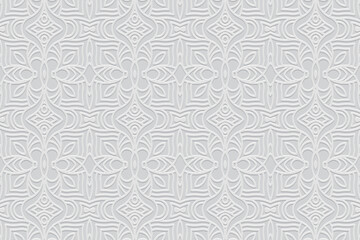 Embossed white background, ethnic cover design. Press paper, boho style. Geometric 3d pattern. Artistic tribal themes of East, Asia, India, Mexico, Aztecs, Peru with hand drawn elements.