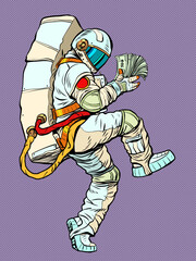 astronaut holding the planet in his hands a pack of cash dollars, business money and the world economy theme. man in a funny pose