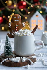 Hot cocoa with marshmallow in a white ceramic mug surrounded by winter things on a wooden table. The concept of cosy holidays and New Year.