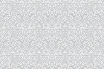 Embossed white background, ethnic cover design. Press paper, boho style. Geometric 3d pattern. Vintage tribal themes of East, Asia, India, Mexico, Aztecs, Peru with hand drawn elements.