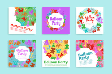 Balloon animal party social media post set vector illustration. Festive holiday helium long balloons