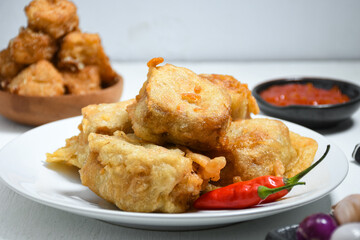 Gorengan or Fried tofu. Fried food is one of the favorite snacks in Indonesia and China