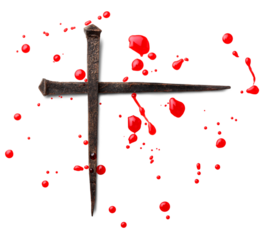 Christian cross made with rusty nails, drops of blood. Jesus Christ Crucifixion.