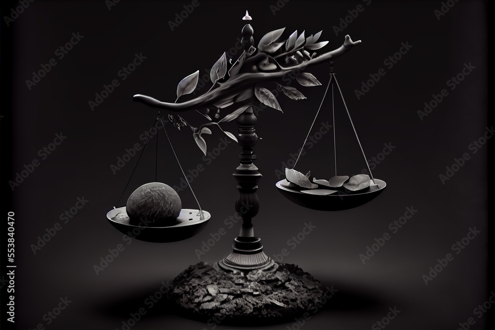 Poster a balance scale with a tree branch on top of it and a stone on the bottom of it. generative ai