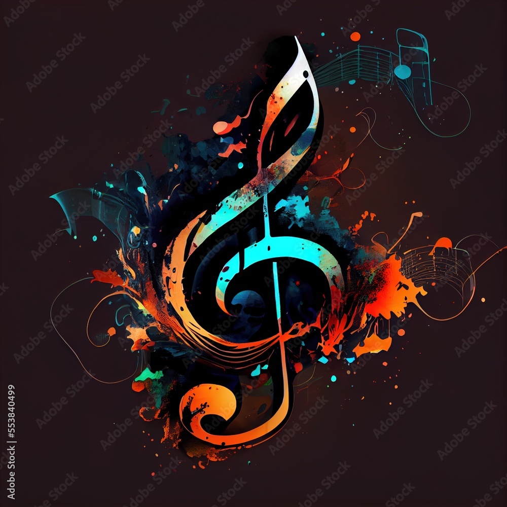 Poster a musical note with a colorful splash of paint on it's side and a treble on the side. generative ai