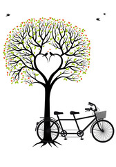 Wedding tree with heart shaped branches, green leaves and love birds, tandem bicycle, illustration over a transparent background, PNG image