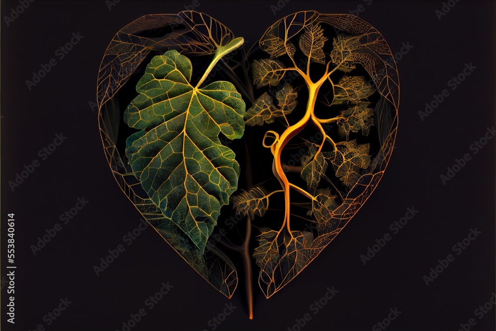 Aufkleber a heart shaped leaf with a tree inside of it and a plant inside of it. generative ai