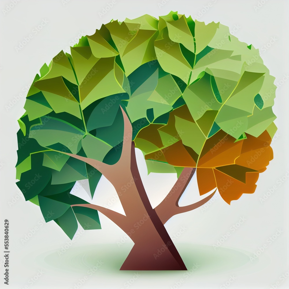 Poster a stylized tree with leaves on it's branches and a white background with a light blue background beh