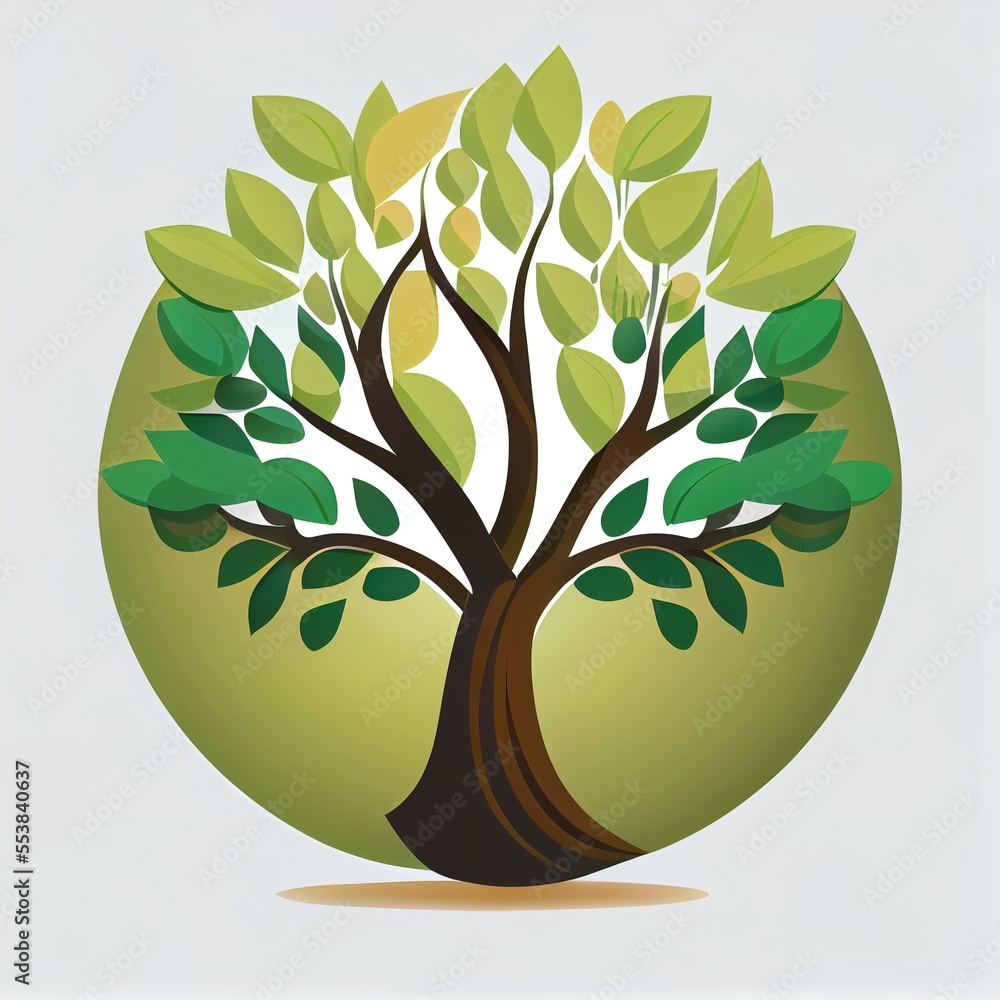 Poster a tree with green leaves in a circle on a white background with a shadow of the tree in the center. 