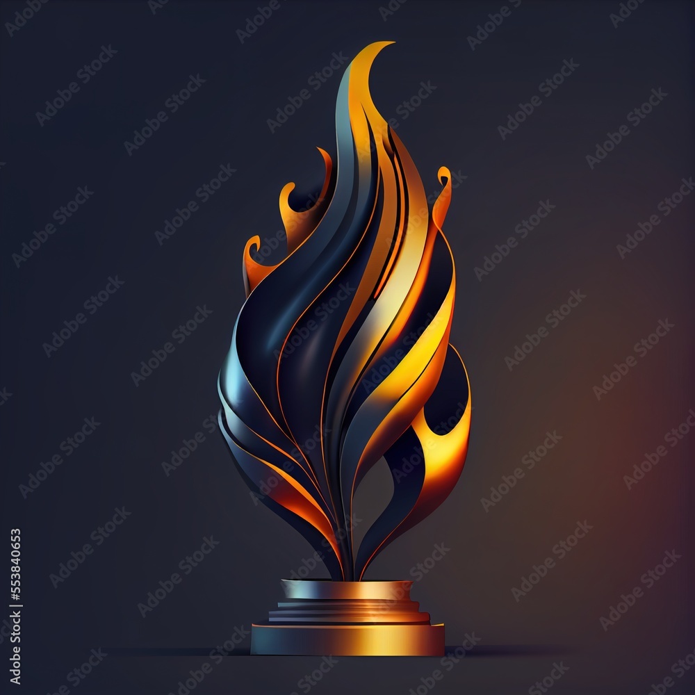 Poster a golden and black trophy with a flame pattern on it's base on a dark background with a shadow. gene