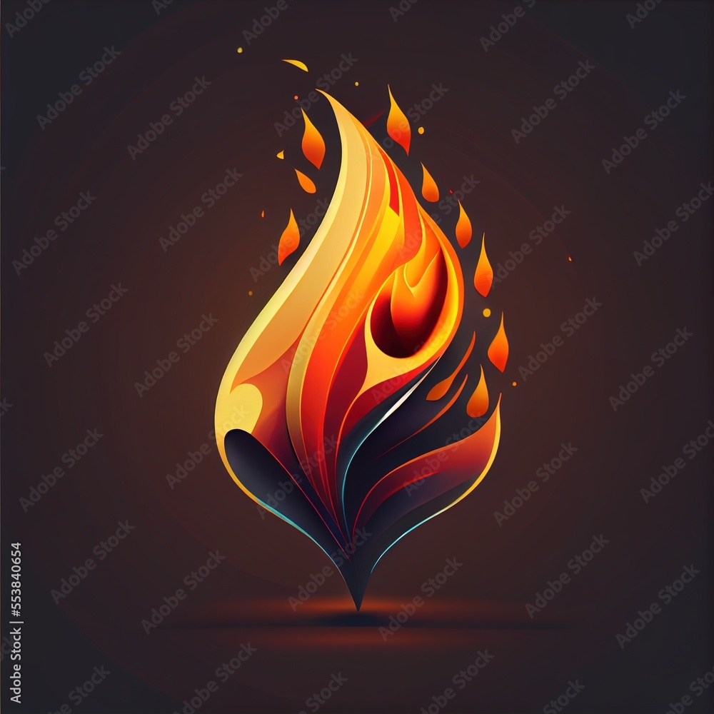 Poster a flame with orange and yellow flames on a dark background with a black border and a black frame wit