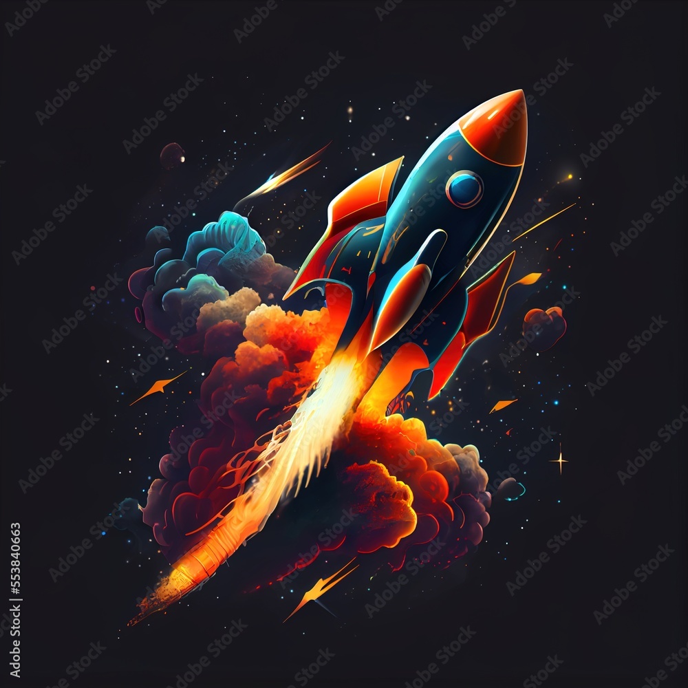 Poster a colorful rocket flying through the sky with clouds and stars around it. generative ai
