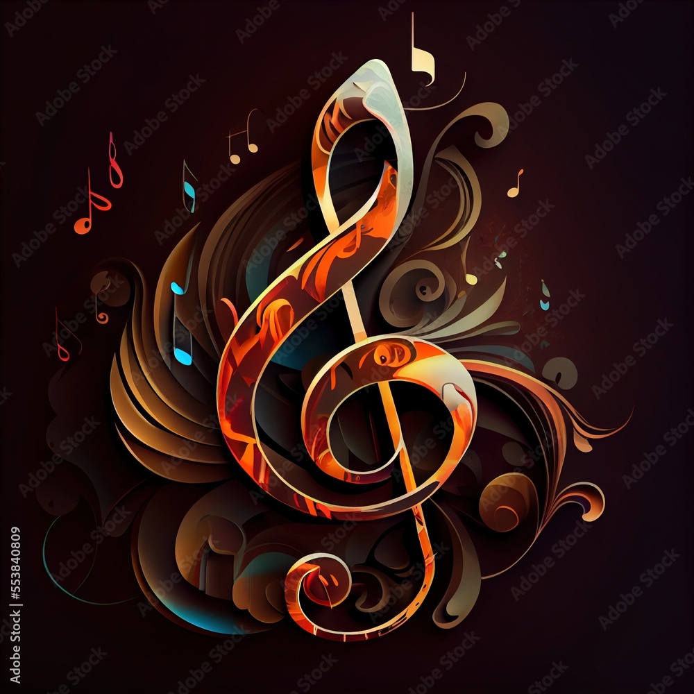Poster a musical note with musical notes on it's side and a swirly design on the side of it. generative ai
