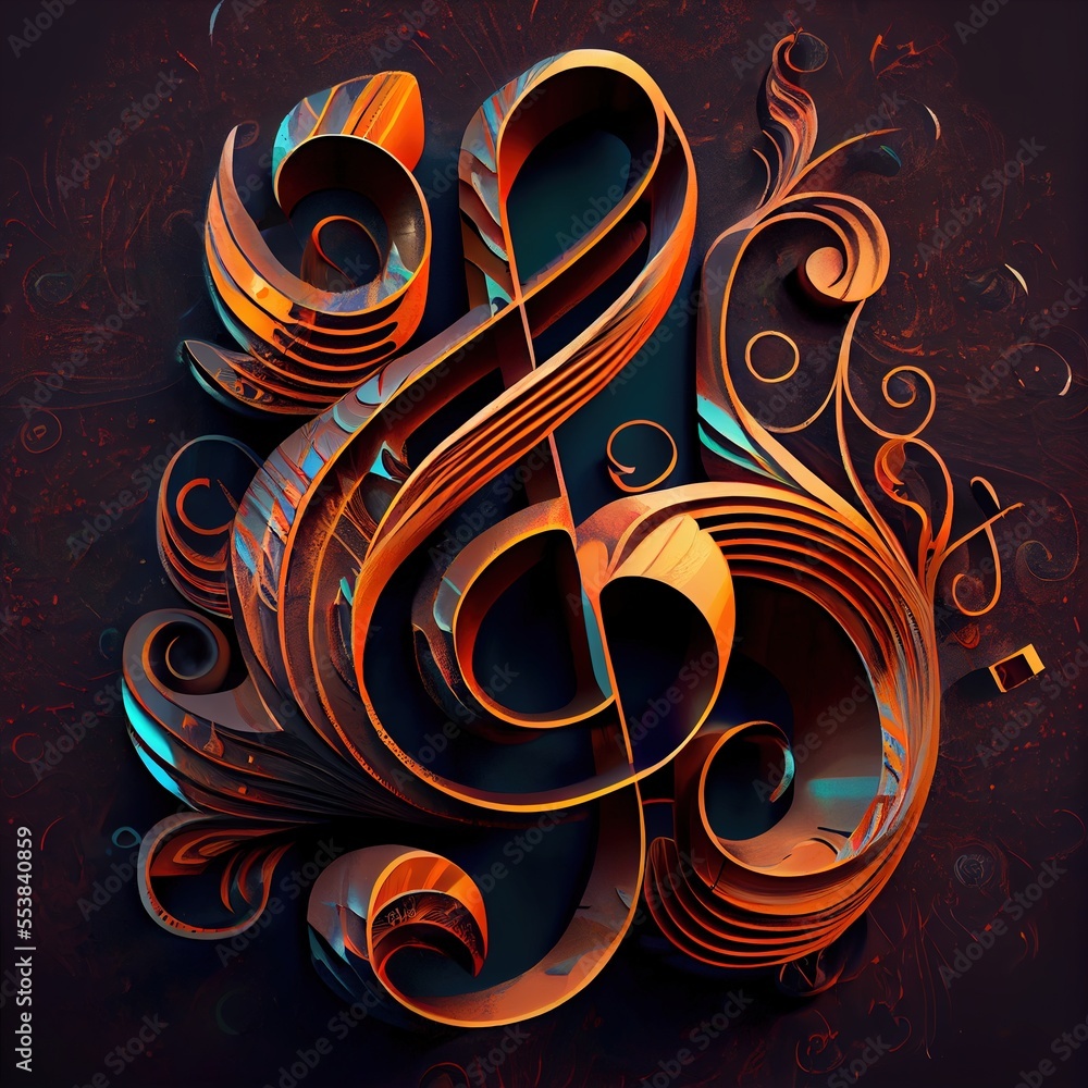 Poster a musical note with a treble on a black background with swirls and swirls around it. generative ai