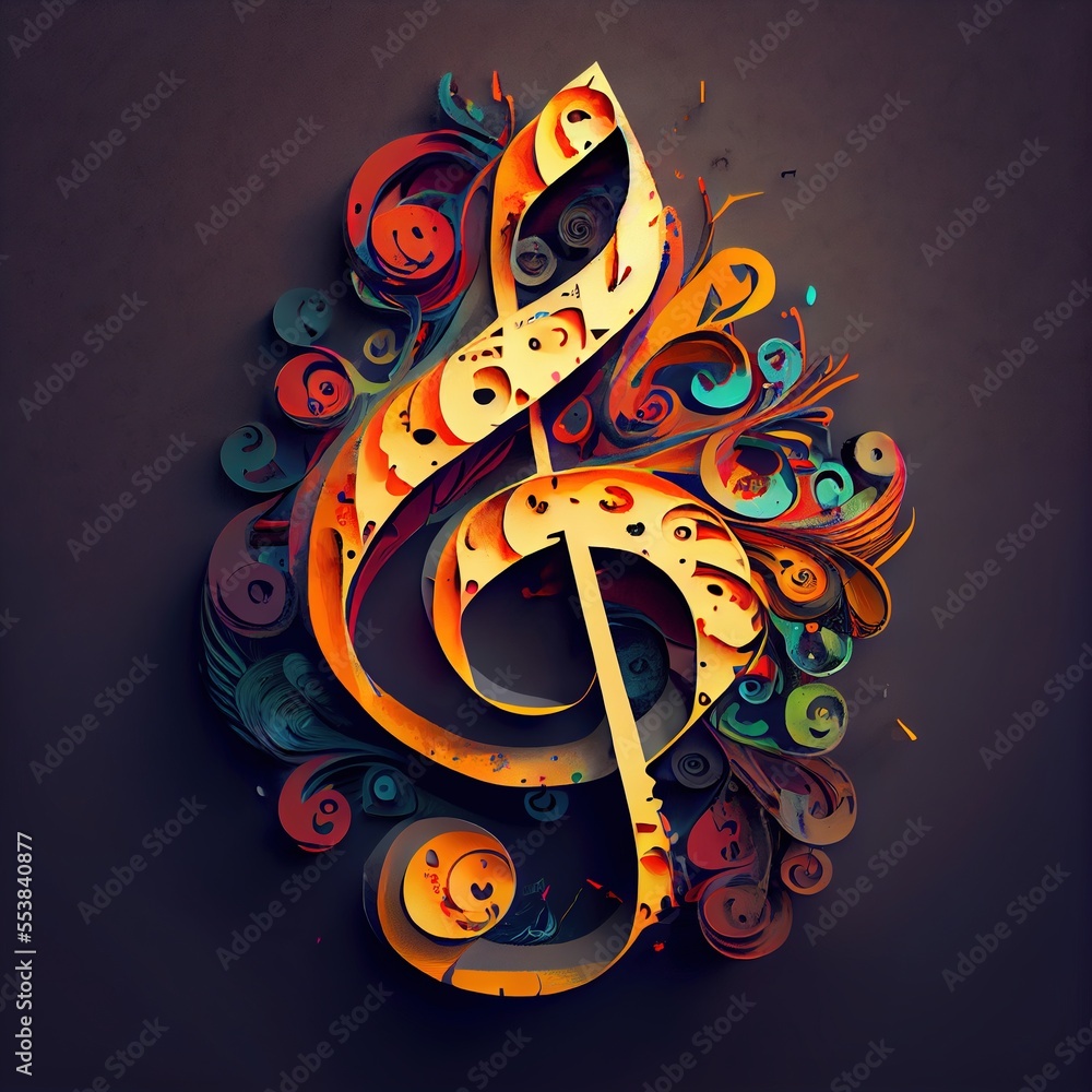 Poster a musical note made of colorful paper art work on a dark background with swirls and dots around it. 