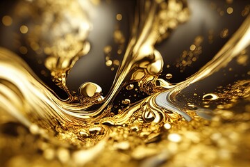 water drops on gold, luxury splash of liquid gold. Melting  wealth. Generative AI