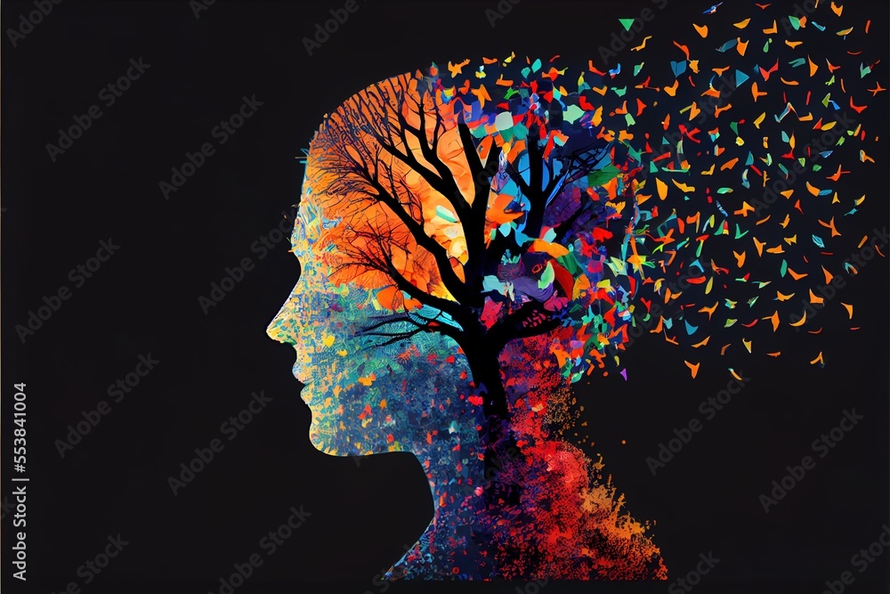 Poster a person's head with a tree in the middle of it and birds flying around it. generative ai