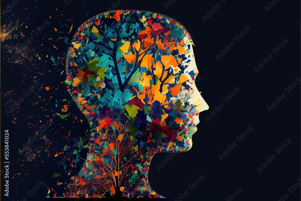 Poster a person's head with a tree in the middle of it and a lot of leaves on the side of the head. generat