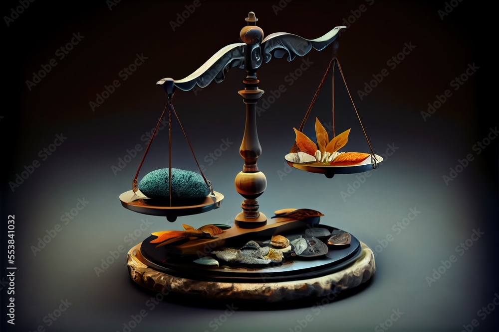 Poster a scale with a blue ball and a leaf on it and a bowl with a leaf on it and a bowl with a leaf on top
