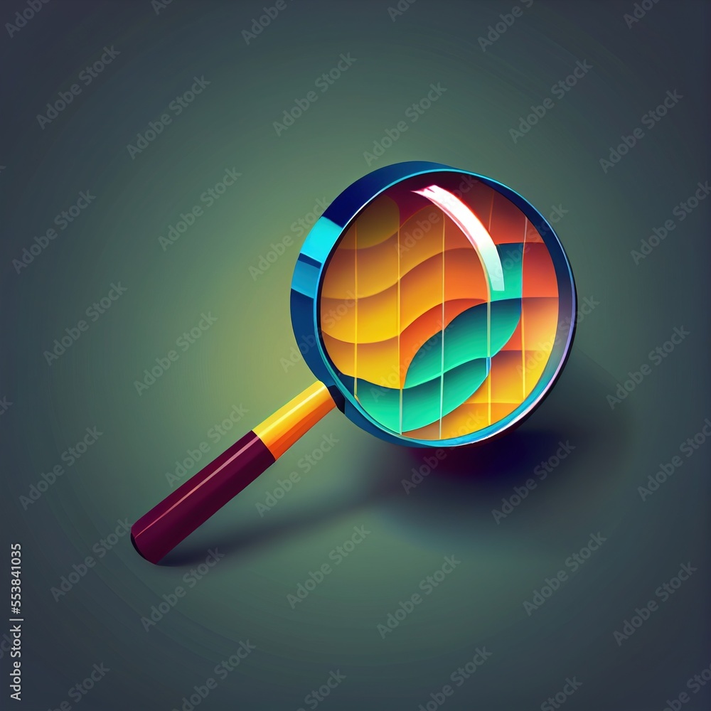 Poster a magnifying glass with a colorful wave pattern on it's side and a wooden handle on the side. genera
