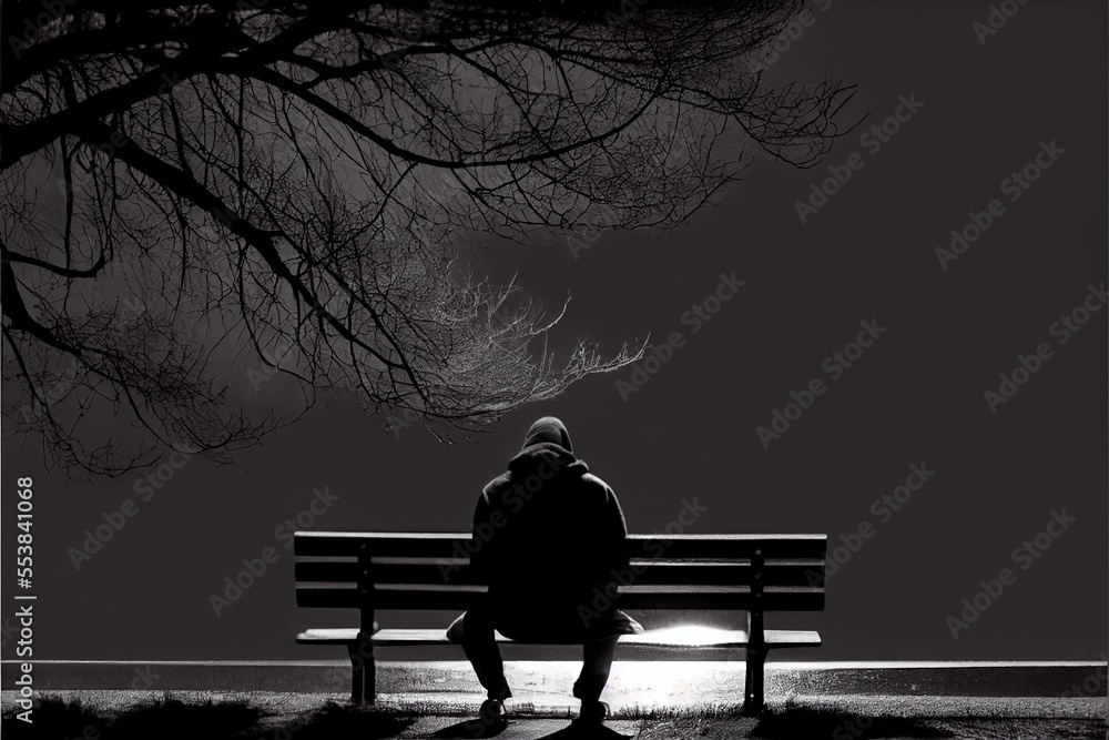 Poster a person sitting on a bench in the dark with a tree in the background and a light shining on the gro