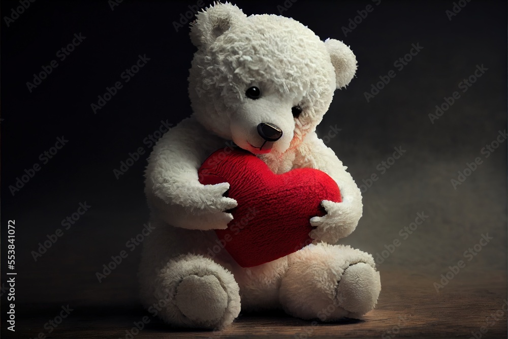 Poster a bear holding a red heart on a dark background with a black background behind it and a black backgr