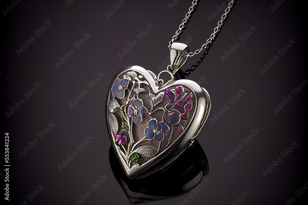 Aufkleber a heart shaped locke with flowers on it on a chain on a black background with a reflection of the he