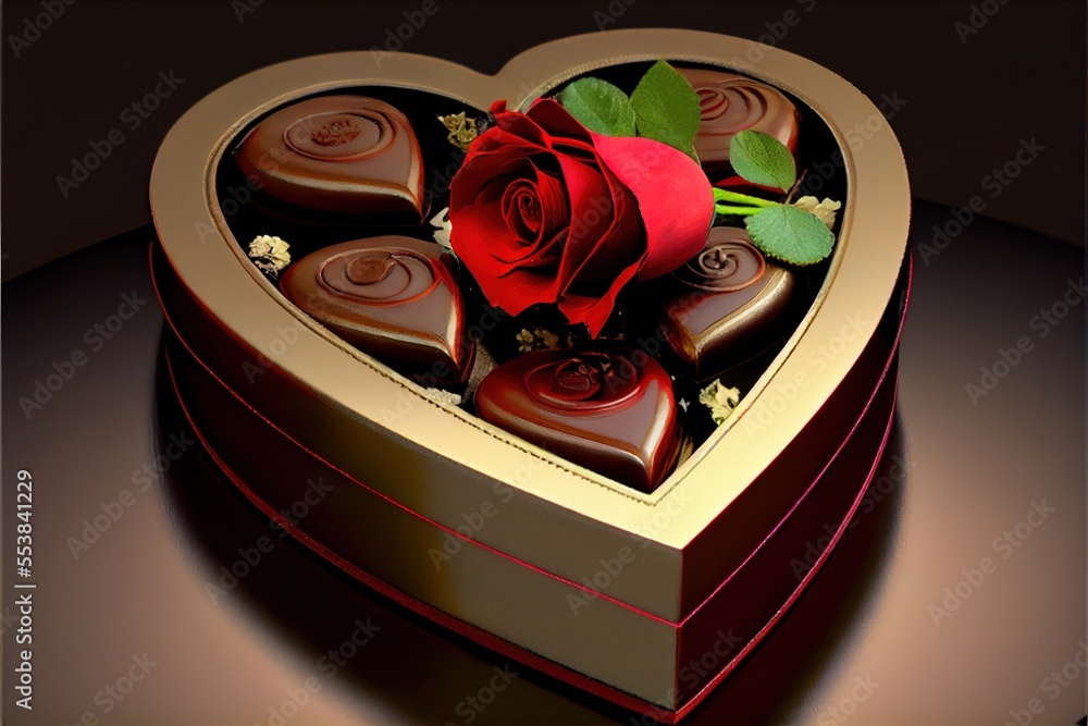 Poster a heart shaped box with chocolates and a rose in it on a table top with a shadow of a rose. generati