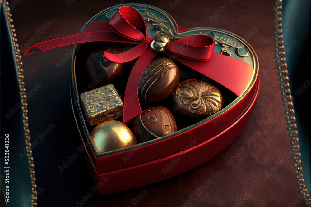 Aufkleber a heart shaped box filled with chocolates and a red bow on top of it's lid. generative ai